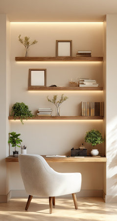 This image showcases an interior design featuring wooden shelves, a desk, and a comfortable chair. The shelves display books and plants. The scene is illuminated by warm lighting, creating a cozy atmosphere. Suitable for use in design concepts, home decor projects, and lifestyle publications, this image focuses on aesthetics and functionality.の素材