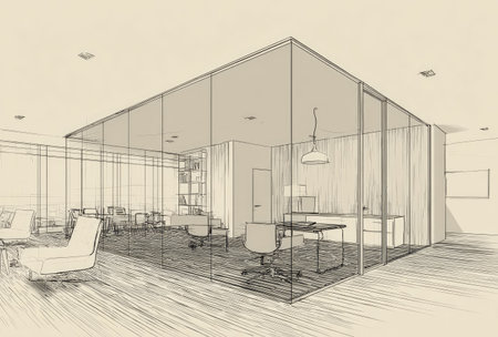 This interior sketch depicts a modern office space, featuring glass-walled rooms and contemporary furniture. The composition emphasizes clean lines and minimalist design. Warm tones and artistic detailing provide a welcoming atmosphere. Suitable for use in architecture, design, and business-related projects, as well as editorial content.の素材