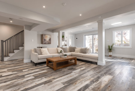 This interior showcases a spacious living room featuring a large sofa, wooden coffee table, and hardwood floors. The room has a neutral color palette. Natural light streams through the windows. Suitable for illustrating home decor, real estate, and lifestyle themes.の素材