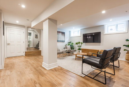 This interior showcases a modern living space with hardwood floors and minimalist furniture. The room features a flat-screen television and a comfortable seating arrangement. Natural light floods the area, highlighting the neutral color palette and the architectural elements, suitable for various commercial uses.の素材