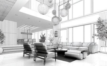 This interior rendering depicts a spacious modern living room layout with large windows, soft furnishings, and stylish lighting fixtures. The monochrome presentation emphasizes architectural details, including the seating arrangement, accent plants, and a central coffee table. Suitable for illustrating architectural design concepts and interior design projects.の素材