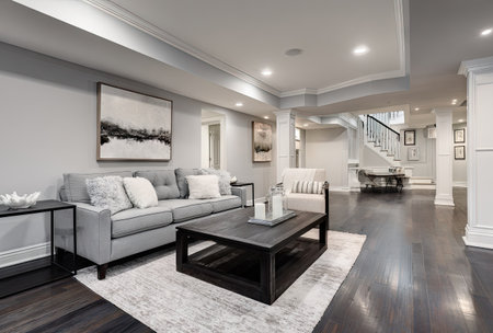 A well-lit interior showcases a contemporary living room with a gray sofa and dark wooden floors. The composition features a coffee table, artwork, and a rug. The space is highlighted by recessed lighting. Suitable for use in lifestyle or real estate projects, and related commercial endeavors.の素材