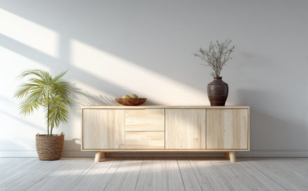 This image showcases a modern interior design featuring a wooden cabinet, a potted plant, and a decorative vase. The scene is bathed in natural light, creating a bright and airy atmosphere. The composition emphasizes clean lines and a minimalist aesthetic. This image would be suitable for commercial and editorial purposes.の素材