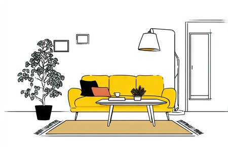 An illustration depicts a modern living room featuring a bright yellow sofa, potted plants, and minimalist decor. The scene is presented in a clean, line art style with a contrasting color palette. This image could be used for various commercial purposes, including design concepts or lifestyle visuals.の素材