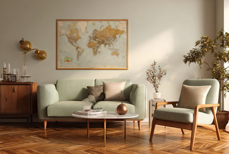This interior scene features a light green sofa and armchair arrangement. A world map hangs above the sofa. The composition is lit with soft lighting, and wood elements enhance the modern design. The image has potential uses in home decor, lifestyle publications, and design projects.の素材