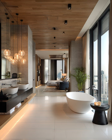 A spacious bathroom features a modern design with a freestanding tub, offering a relaxing aesthetic. The interior incorporates wood and concrete textures, with soft lighting enhancing the atmosphere. Large windows provide an open view, suitable for lifestyle, interior design, or architectural visual projects.の素材