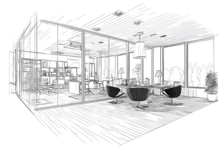 An architectural sketch presents an interior office space featuring glass walls and contemporary furnishings. The grayscale artwork highlights a modern aesthetic with visible lines depicting furniture and fixtures. The environment suggests an indoor office during daylight, ideal for commercial projects or design publications.の素材