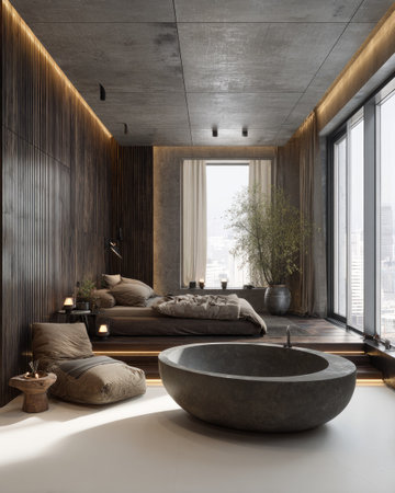 This image showcases a modern bedroom with a minimalist design. The room features a large bathtub, comfortable seating, and a bed. The color palette includes brown, grey, and beige tones. The natural light highlights the textures and style. Ideal for editorial content and various design applications.の素材