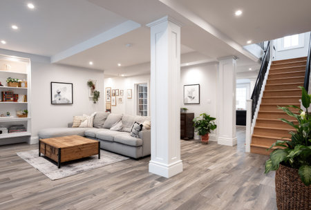 A well-lit interior showcases a contemporary living space with a grey sectional sofa. A wooden table sits in front of the sofa, with hardwood flooring. The room has neutral color tones, and natural light. It might be suitable for architectural, real estate, or lifestyle content.の素材