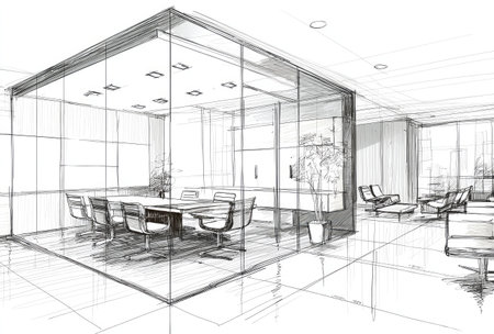 An architectural sketch presents a modern office interior with a meeting table and chairs as a focal point. The grayscale drawing utilizes lines to create form and dimension. The perspective suggests a bright, open space. This image could be used for various purposes including design presentations and articles.の素材