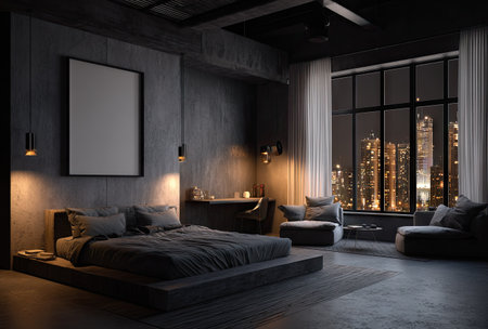A contemporary bedroom presents a minimalist aesthetic with neutral tones. The scene showcases a bed, seating area, and a large window overlooking a city skyline at night. The lighting creates a dramatic ambiance. This image is suitable for various commercial purposes, including design and lifestyle publications.の素材