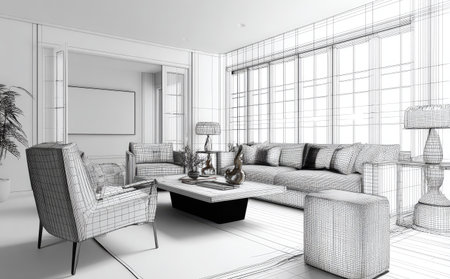 This image showcases a wireframe rendering of a modern living room interior. It features sofas, armchairs, a coffee table, and lamps. The composition includes large windows and a minimalist design. This graphic may be suitable for architectural visualizations, design projects, or conceptual illustrations.の素材