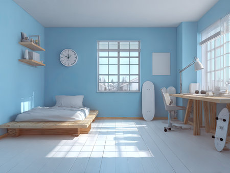 This image presents a bedroom interior with light blue walls and natural sunlight streaming through a window. The room features a bed, desk, and skateboard, all rendered in a clean, modern style. The composition offers ample copy space, suitable for commercial or editorial applications, showcasing a minimalist aesthetic.の素材