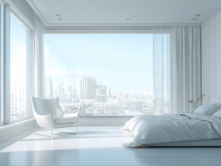 This image showcases a modern bedroom with a minimalist design. The room features a large window with soft curtains, a comfortable bed, and a simple chair. The color palette is primarily white and pale blue, and the room is flooded with natural light. Suitable for use in lifestyle or architectural publications.の素材