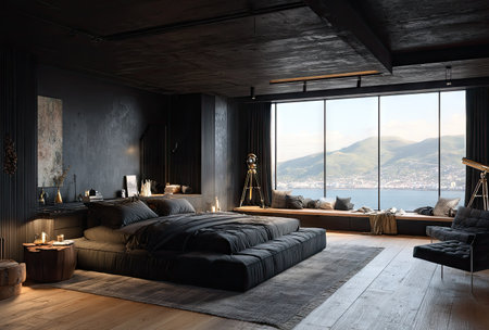 This image showcases a dark, modern bedroom with a large bed and a panoramic window overlooking a scenic view. The room features dark tones, creating a moody atmosphere. The composition emphasizes natural light and a sense of space. Suitable for various interior design and lifestyle concepts.の素材