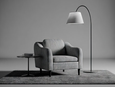 This image showcases a modern interior design with a focus on minimalist aesthetics. The scene features a comfortable armchair, a small side table, and an arched floor lamp. The color palette is primarily grayscale, emphasizing texture and form. This composition suggests a serene setting suitable for various commercial applications.の素材