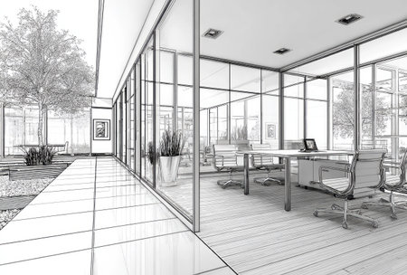 This black and white sketch depicts a contemporary office interior featuring a large open space. The design incorporates expansive glass windows, allowing natural light to illuminate the area. It showcases a minimalist aesthetic with clean lines and furniture. This image can be suitable for architectural, design, or business-related content.の素材