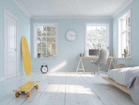 A bright, airy room featuring a desk, windows, and decorative elements. The composition includes a surfboard and skateboard leaning against the walls. The scene presents a light color palette, with natural sunlight illuminating the space. This image is suitable for various commercial purposes, like lifestyle or interior design content.の素材