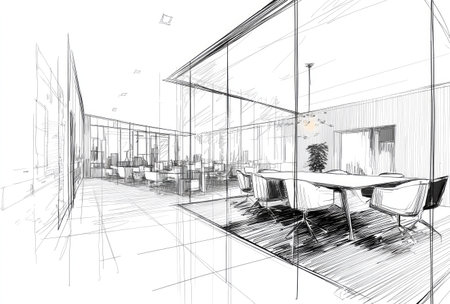 A detailed sketch depicts a modern office space featuring glass walls and a boardroom area. The composition showcases a perspective view with linear elements. The style emphasizes a monochrome palette, suggesting a professional setting suitable for architectural presentations, or conceptual visualization. The use of light and shadow provides depth and dimension.の素材