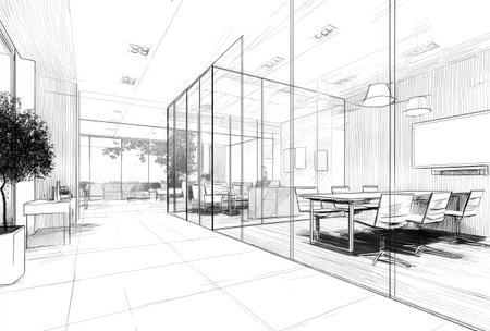 An architectural sketch depicts a spacious office interior featuring glass-enclosed meeting rooms. The drawing utilizes a linear perspective, showcasing tables, chairs, and decorative elements. The composition highlights a minimalist aesthetic with a focus on light and shadow, suitable for various business and design applications.の素材