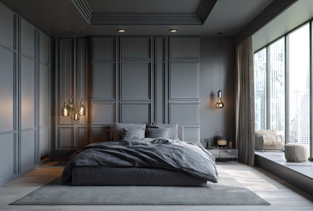 This interior showcases a modern bedroom with gray tones and a large window overlooking a cityscape. The composition features a bed with matching bedding, side tables, and hanging lights. The style is contemporary, with clean lines and subtle textures, suggesting a tranquil and luxurious environment suitable for various commercial projects.の素材