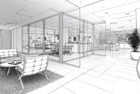 A grayscale illustration depicts a modern office space. The image presents a clean, architectural sketch style featuring seating areas, glass partitions, and a spacious layout. The environment suggests an indoor setting with diffused lighting. Suitable for use in presentations, design portfolios, or architectural visualizations.の素材