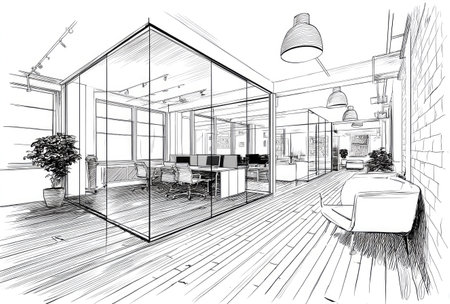 This black and white sketch depicts a modern office interior featuring glass-walled workspaces and a central meeting area. The composition highlights architectural details with linear elements and varying perspectives. The scene is illuminated by overhead lighting, casting shadows on the wooden floors. This image is suitable for various commercial uses, including business presentations and design projects.の素材