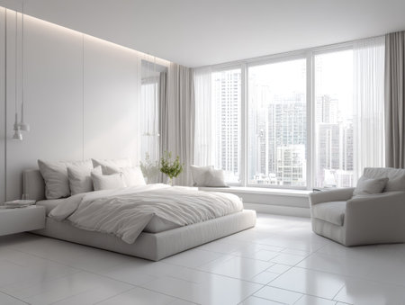 This image presents a contemporary bedroom interior dominated by white tones. The room features a large bed, comfortable armchair, and expansive windows. The composition is bright with soft lighting, suggesting a serene atmosphere. This image is suitable for various commercial uses, including architectural, lifestyle, and design-related projects.の素材