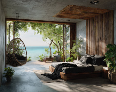 This image showcases a modern bedroom with a large window framing a scenic ocean view. The room features a hanging chair, a wooden bed frame, and wooden wall paneling. The composition utilizes natural lighting and a neutral color palette. This image is suitable for commercial use in lifestyle, interior design, or travel contexts.の素材