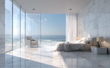 A spacious bedroom features a bed and armchair against a backdrop of a vast ocean. Sunlight floods the interior, illuminating the marble floor and white walls. The scene conveys a sense of tranquility and luxury, suitable for commercial projects or editorial use related to home design or travel.の素材