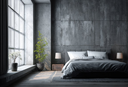 A contemporary bedroom showcases a concrete wall backdrop. Featuring a large window, the space incorporates a bed with pillows, lamps, and a small tree. The setting evokes a sense of modern design. This scene is suitable for use in architectural, design, or lifestyle-focused commercial projects.の素材