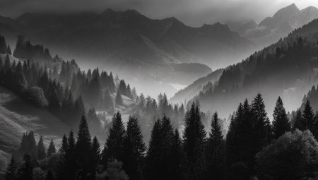 A grayscale image depicts a mountain range covered with evergreen forests. The composition features layers of trees, hills, and mountains shrouded in mist. The lighting creates a contrast between light and shadow. Suitable for projects requiring nature and scenic illustrations, it can be used for various commercial purposes.の素材