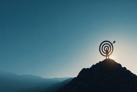 A silhouetted figure stands atop a mountain, aiming an arrow at a target. The scene features cool blue hues with a golden backlight, suggesting either sunrise or sunset. The composition employs a low-angle perspective, emphasizing the height and the concept of overcoming obstacles for use in commercial projects.の素材