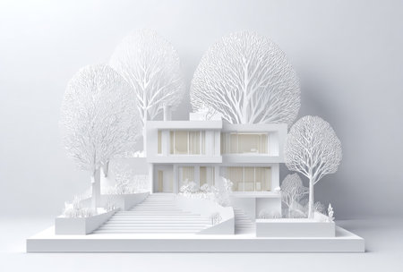 This image showcases a modern architectural design with surrounding trees, all rendered in a clean, minimalist white. The scene features a multi-level structure with large windows, set amidst stylized trees, possibly in a naturalistic setting. This visual concept could be employed for architectural presentations, advertising campaigns, or as a decorative element.の素材
