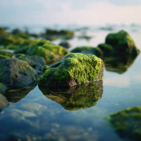 Green moss covers various rocks in shallow, clear water, creating a tranquil scene. The close-up perspective showcases textured surfaces and reflections. Soft lighting and a blurred background suggest a natural, outdoor environment. Suitable for artistic, environmental, or travel-related visual projects.の素材