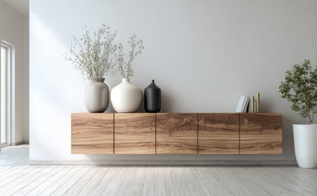 A wooden cabinet with a minimalist design displays vases and books against a plain white wall. The composition is well-lit, with soft natural light enhancing the textures of the wood and the decorative objects. This image is suitable for a variety of uses, including interior design projects or as a background.の素材