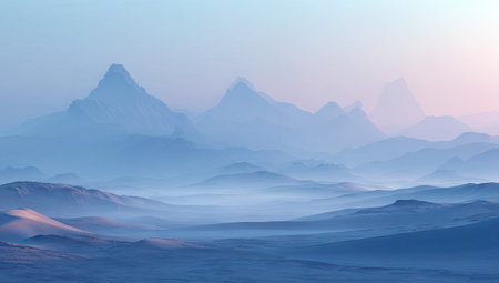 This image showcases a breathtaking mountainous landscape under a soft, gradient sky. The scene depicts a series of peaks shrouded in a cool, ethereal haze of blues and purples. It features a high-angle perspective, creating a sense of depth. Suitable for various editorial and commercial applications.の素材