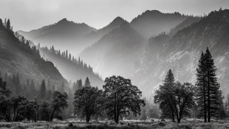 A grayscale photograph depicts a mountainous landscape with layers of peaks fading into the distance. Trees are scattered throughout the scene, with a foreground of various foliage. The composition showcases a misty, atmospheric quality, potentially suitable for editorial content or commercial projects.の素材