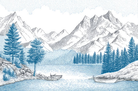 An illustration depicts a scenic mountain lake environment. The image features towering snow-capped peaks, coniferous trees, and a tranquil lake. The artwork showcases a detailed pen and ink style, with a color palette of blue and white, creating a sense of serenity. Suitable for diverse editorial and commercial applications.の素材
