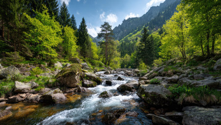 A clear stream flows through a vibrant forest, showcasing a blend of green hues from the trees and a rocky terrain. The composition features strong natural lighting, emphasizing the textures of the water and the surrounding environment. This image is suitable for various commercial uses, illustrating natural landscapes and scenic beauty.の素材
