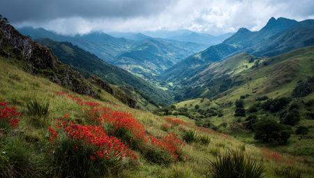 An aerial view presents a mountain landscape with vibrant red flowers in the foreground. Rolling green hills descend into a valley, with distant mountain ranges receding into a cloudy sky. The natural environment suggests outdoor recreation and travel. The image is suitable for various commercial uses.の素材