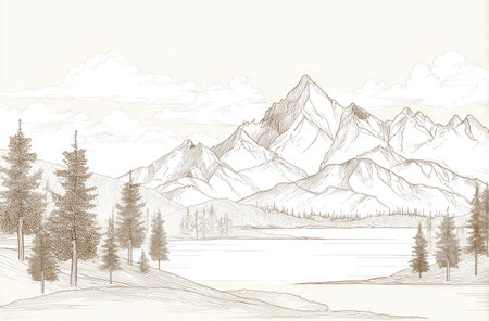 This detailed illustration depicts a mountain range with towering peaks and a foreground of evergreen trees. The artwork is rendered in shades of brown and white, utilizing a sketch-like style with intricate lines and texture. The composition suggests a serene outdoor environment, suitable for various editorial and commercial applications.の素材