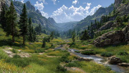 A scenic landscape featuring a river winding through a valley surrounded by mountains and lush greenery. The scene is bathed in daylight, showcasing a vibrant color palette of blues, greens, and browns. It is suitable for various commercial uses, including website backgrounds and print media.の素材