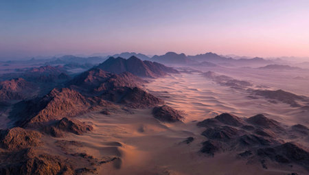 An aerial perspective showcases a vast mountain range under a pastel-colored twilight sky. The scene features textured mountain peaks casting shadows over a sandy terrain. The composition is wide, with a soft lighting effect, lending itself to editorial and commercial applications.の素材