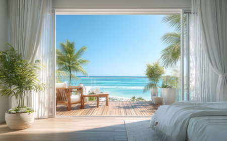 An inviting room features an open window framing a tranquil ocean vista. Soft curtains and a bed suggest an indoor setting, contrasted by the bright blue sky, sandy beach, and palm trees visible outside. This composition, with its natural lighting, could be suitable for various commercial or lifestyle applications.の素材
