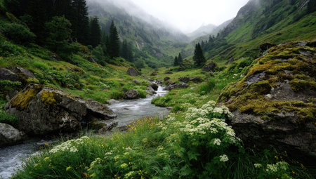 A scenic landscape showcases a flowing stream through a mountain valley, surrounded by vibrant green vegetation and large rock formations. The image features a cool color palette with various shades of green and the textures of the rocks and grass. This photograph could be useful for travel brochures, environmental projects, and general landscape imagery.の素材
