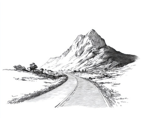 An illustration depicts a road winding towards a large mountain range. The artwork uses a black and white color scheme, featuring detailed shading and textures. The composition creates a sense of depth. This image can be used for various purposes, including editorial and commercial projects.の素材