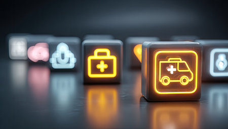 The image showcases several illuminated cubes displaying neon medical symbols, including an ambulance and a first aid kit. The composition emphasizes depth of field, with the foreground cubes in sharp focus against a blurred background. The color palette is dominated by glowing orange against a dark backdrop, potentially suitable for digital designs.の素材