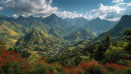An aerial perspective showcases a vibrant mountainous landscape. Lush green hills and valleys, interspersed with a village, are set against the backdrop of towering peaks. The sky is partially covered with clouds. This image could be suitable for travel, tourism, and environmental projects.の素材
