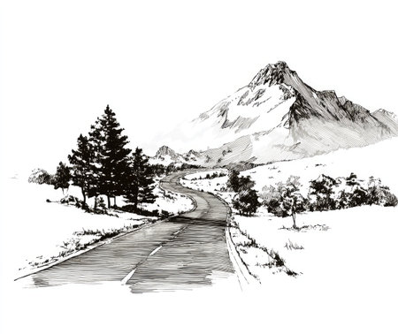 A detailed monochrome illustration depicts a winding road leading towards majestic mountain peaks. The composition features trees and surrounding landscape, rendered in a detailed artistic style with varied textures. The image could be used for various projects that require an illustration of nature or travel, in both commercial and editorial contexts.の素材